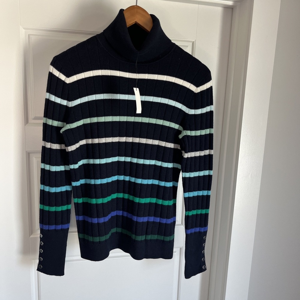 TALBOTS Blue Green Stripe Ribbed Turtleneck Sweater Button Cuff S New Nautical - Picture 1 of 12